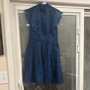 Satin-Like Navy Blue Ruffle Cap-Sleeve Midi Dress